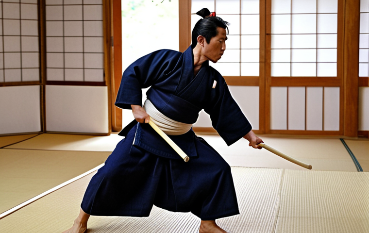**Prompt 1: The Transformative Kendo Journey**
A powerful image of a Kendo practitioner's journey with their Bogu. The left side of the image depicts the practitioner looking slightly uncomfortable or strained during practice, wearing a ill-fitting or basic Bogu. Their movements appear hesitant. The right side of the image shows the same practitioner, now exuding confidence and grace, moving fluidly and powerfully in a well-fitted, protective Bogu, striking with precision. A blurred, wise Sensei figure is subtly present in the background, symbolizing guidance. The atmosphere is one of dedication and significant improvement, highlighting the Bogu as an essential companion. Traditional Kendo dojo setting, dynamic pose.