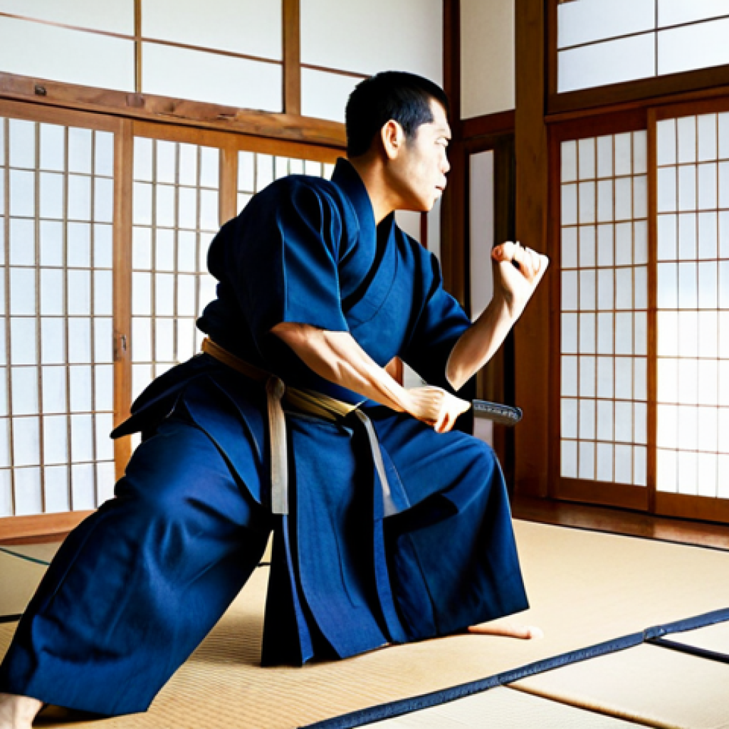 A focused adult Kendo practitioner, wearing a traditional dark blue keikogi and hakama, performs dynamic stretches and gentle suburi exercises with a shinai. They are in a well-lit, traditional Japanese dojo with wooden floors and soft natural light streaming through large windows. The pose is natural, emphasizing fluidity and preparation of muscles and joints. The individual demonstrates perfect anatomy, correct proportions, well-formed hands, and proper finger count. The scene is safe for work, appropriate content, fully clothed, professional dress, and family-friendly.