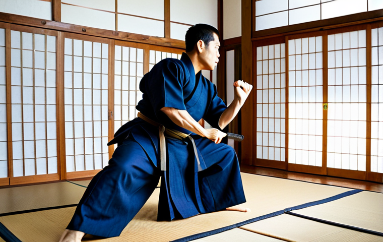 A focused adult Kendo practitioner, wearing a traditional dark blue keikogi and hakama, performs dynamic stretches and gentle suburi exercises with a shinai. They are in a well-lit, traditional Japanese dojo with wooden floors and soft natural light streaming through large windows. The pose is natural, emphasizing fluidity and preparation of muscles and joints. The individual demonstrates perfect anatomy, correct proportions, well-formed hands, and proper finger count. The scene is safe for work, appropriate content, fully clothed, professional dress, and family-friendly.
